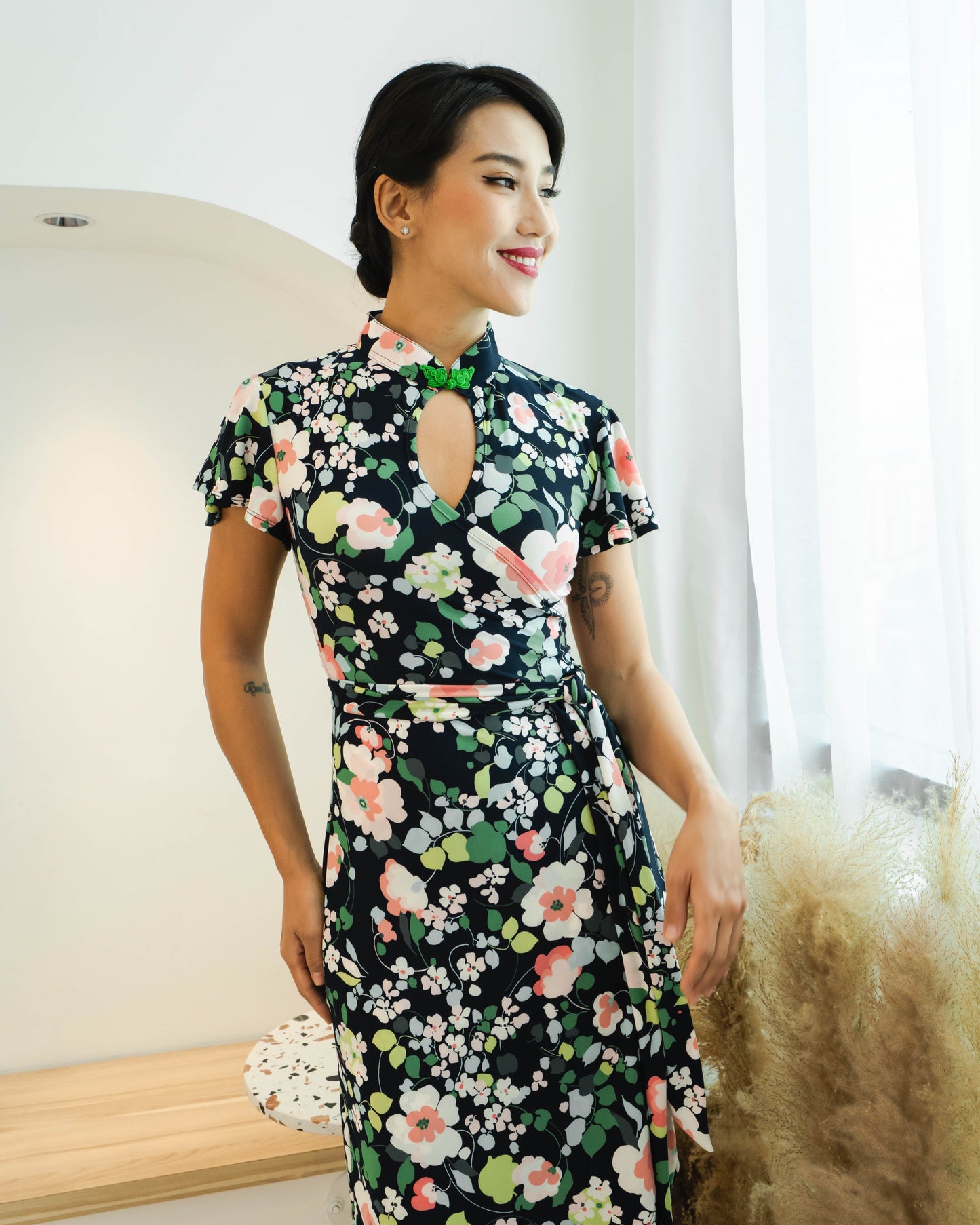 Mieko Flutter Sleeves Mandarin Collar Wrap Dress