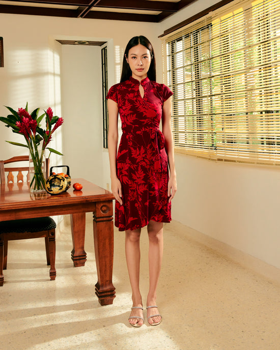 Ji Mandarin Collar Midi Wrap Dress