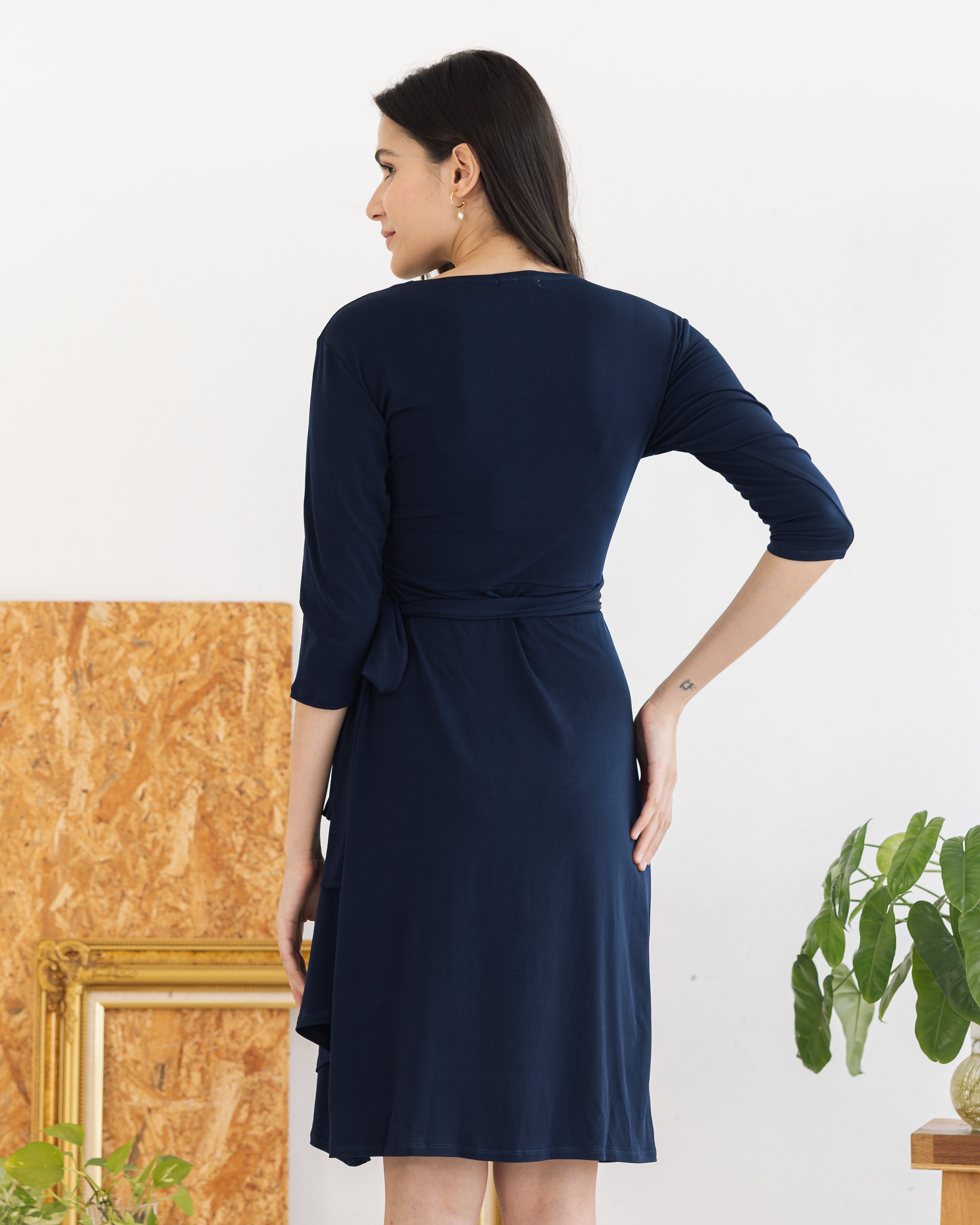 Kyle Ruched Midi Wrap Dress (Navy)