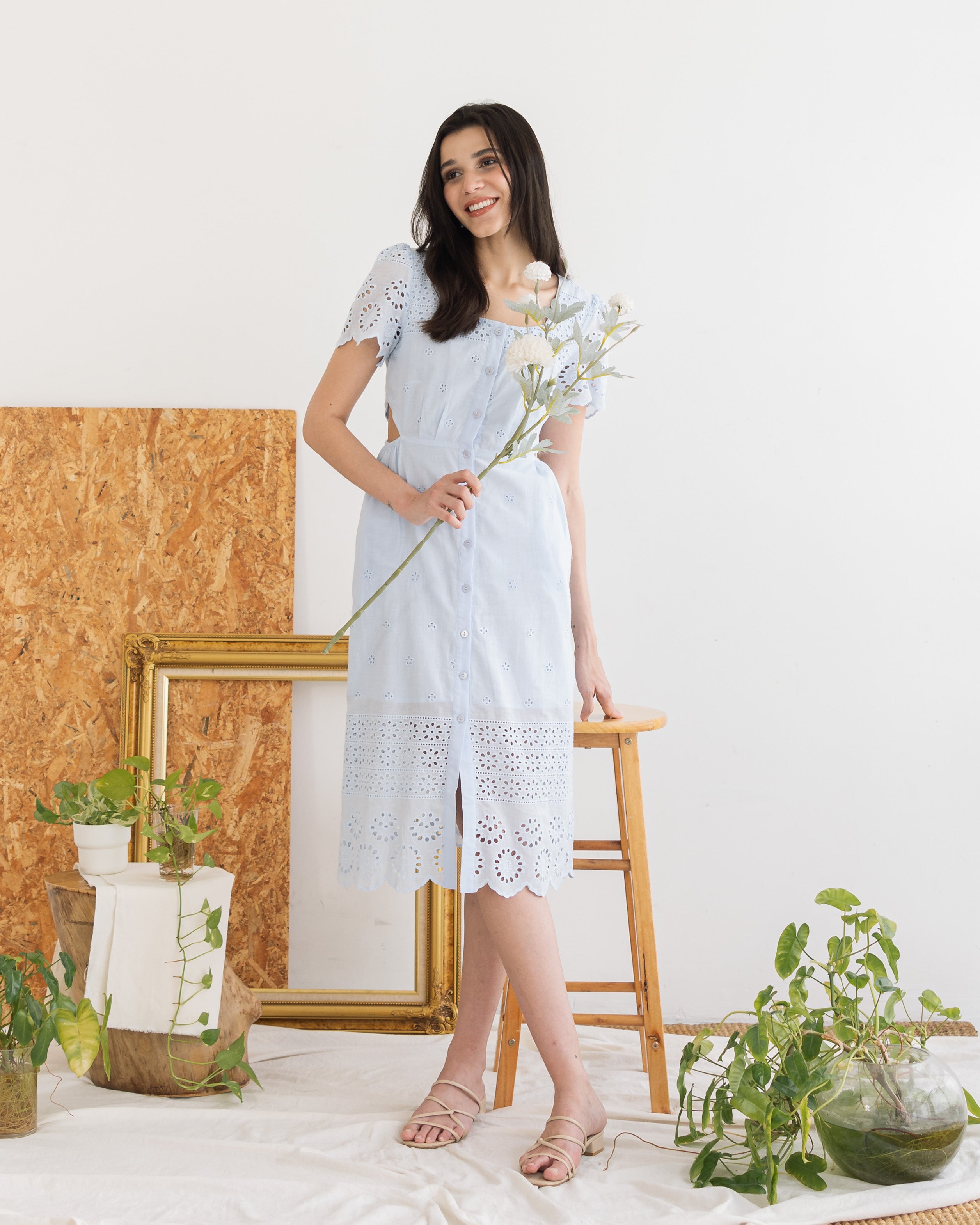 Carla Embroidered Cut-out Summer Dress (Powder Blue)