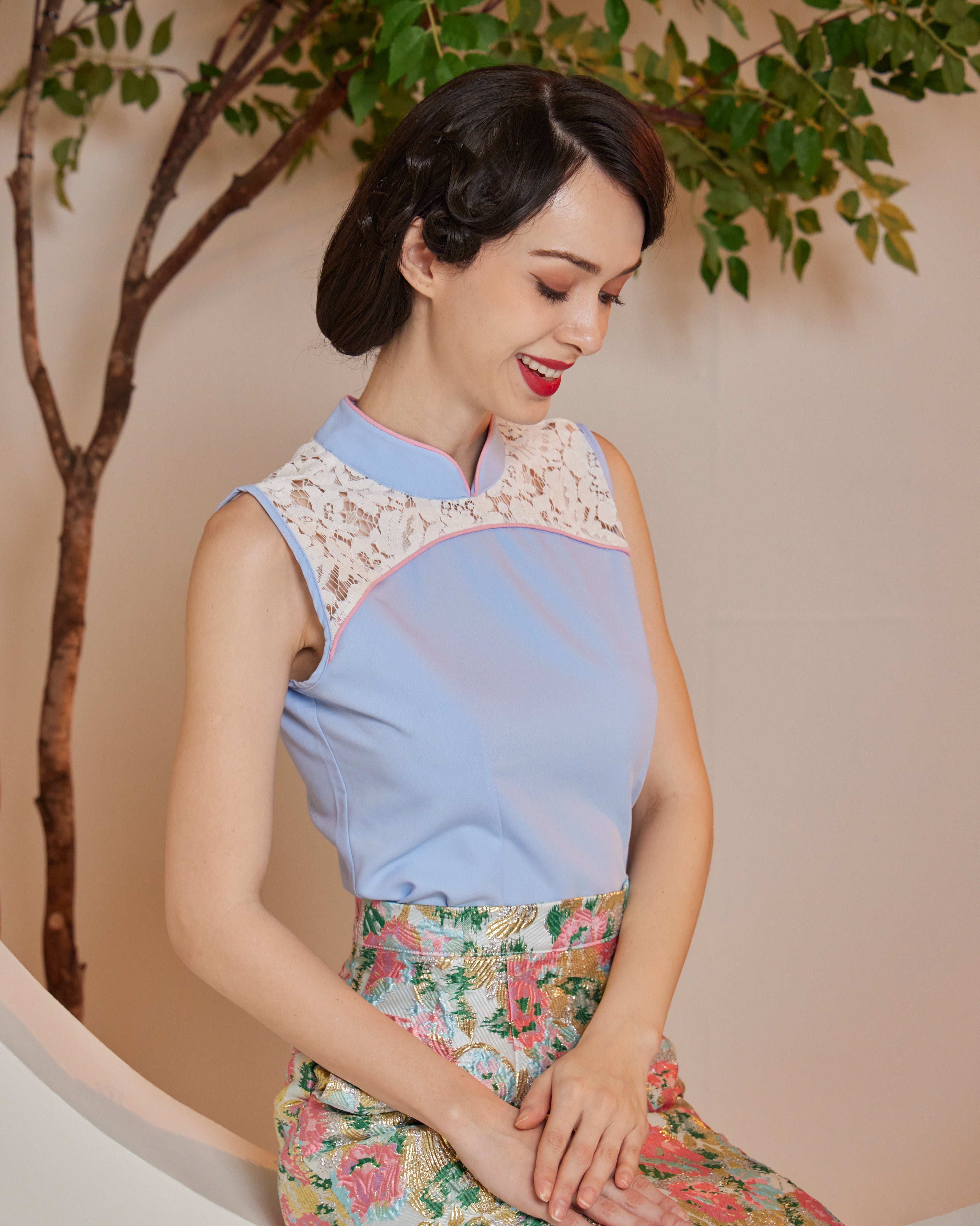 PREMIUM: Mei Lace Cheongsam Top (Baby Blue)