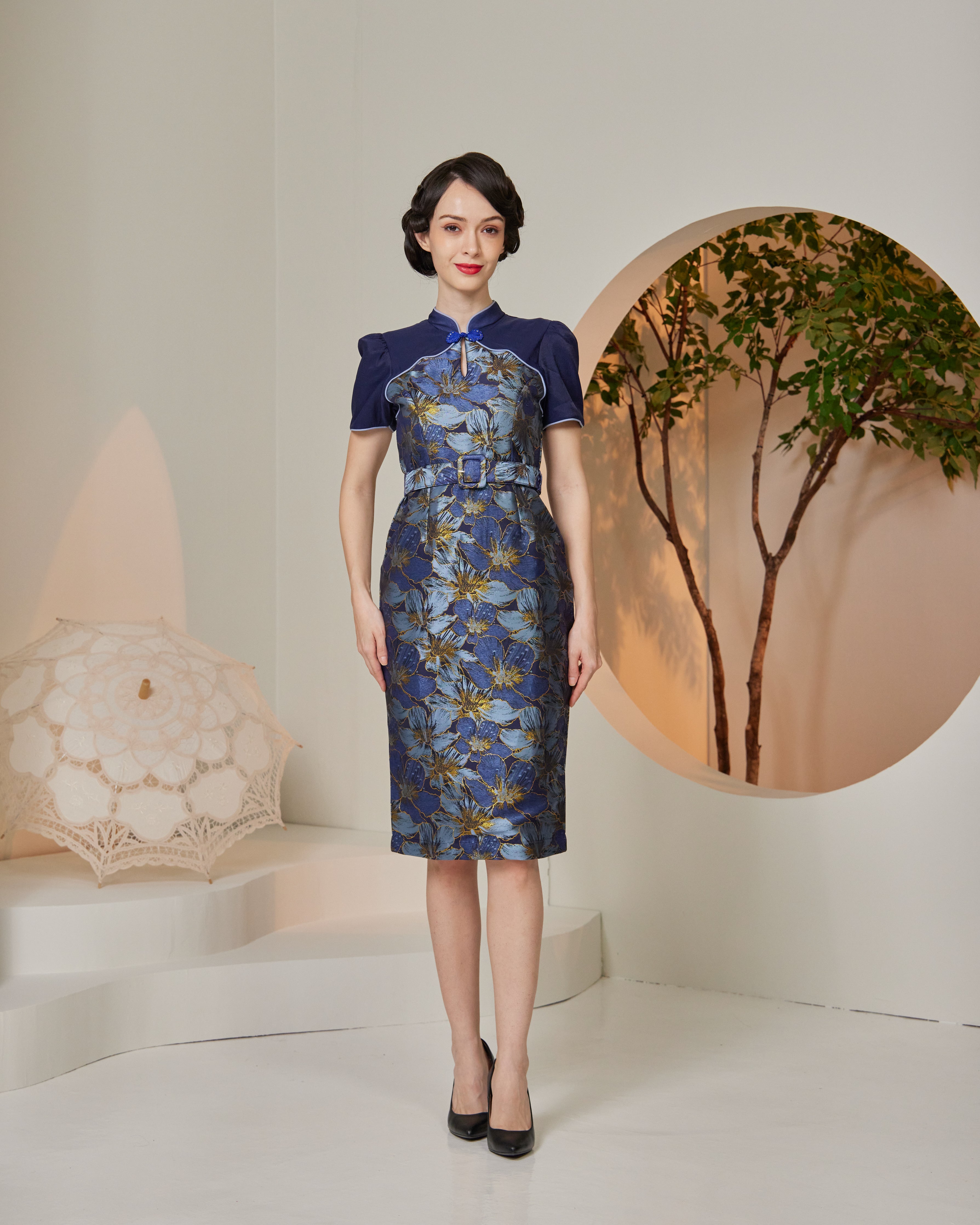PREMIUM: Dou Belted Brocade Dress