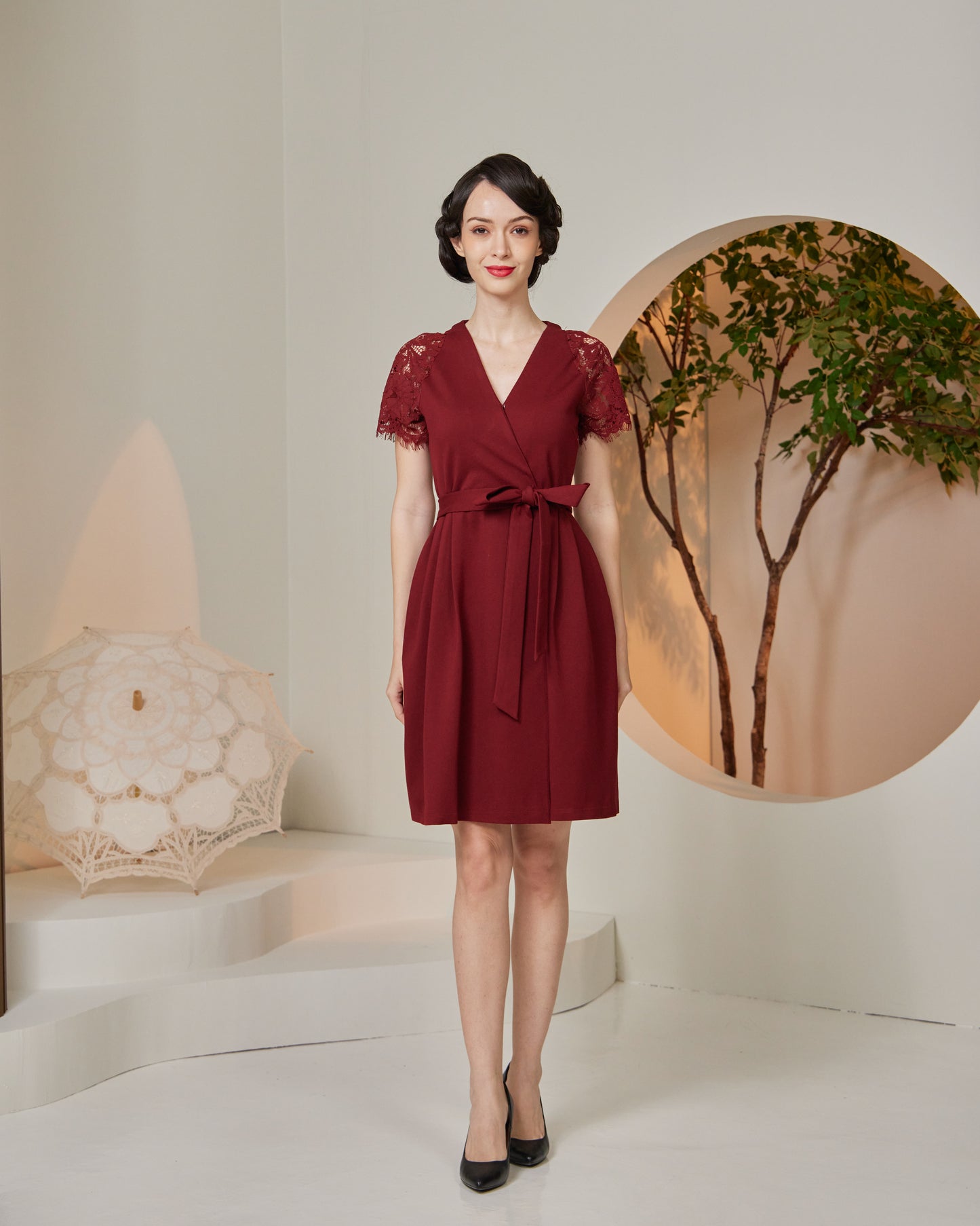 Lace Insert Faux Wrap Dress (Maroon) – Florette The Label