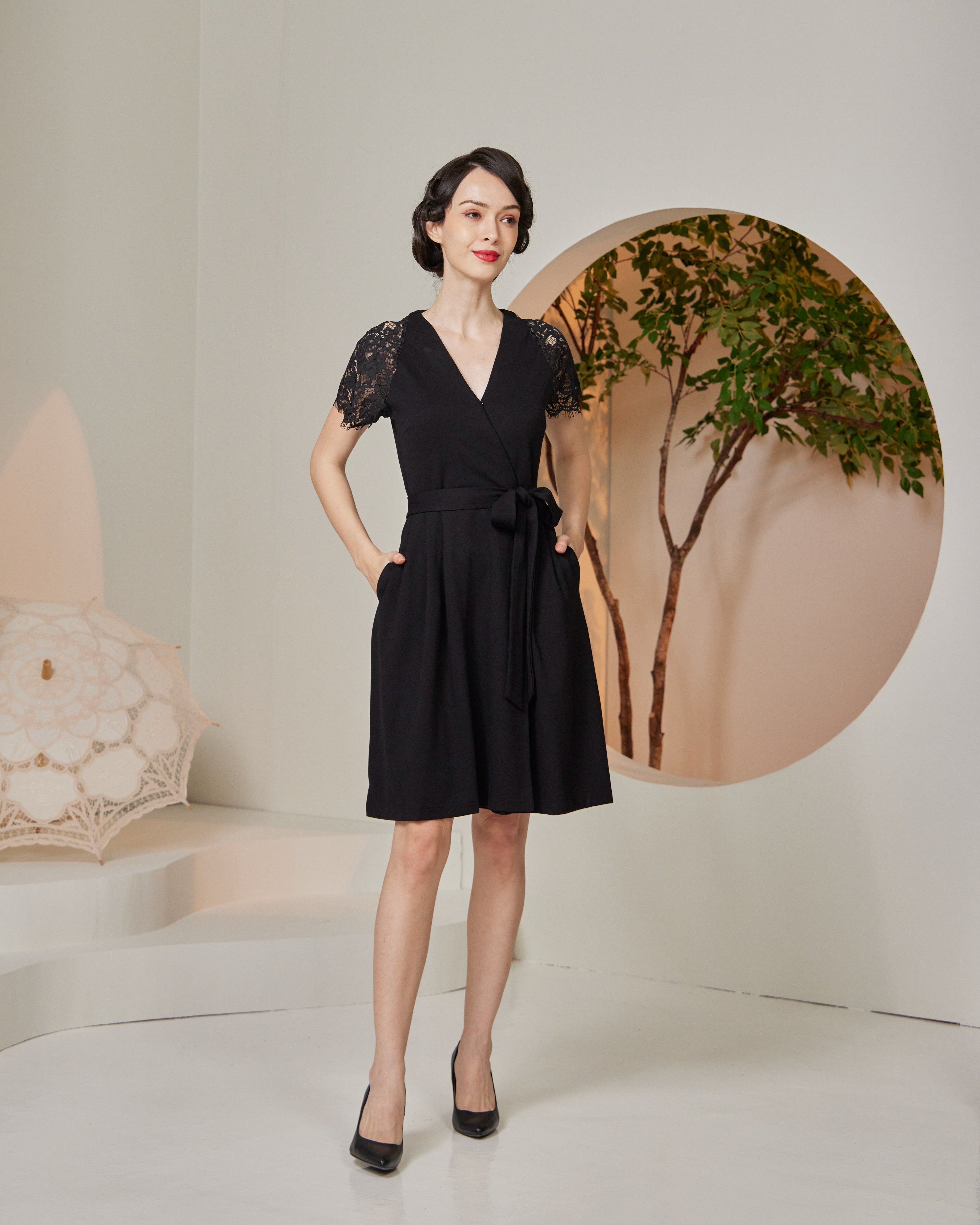 Lace Insert Faux Wrap Dress (Black) – Florette The Label