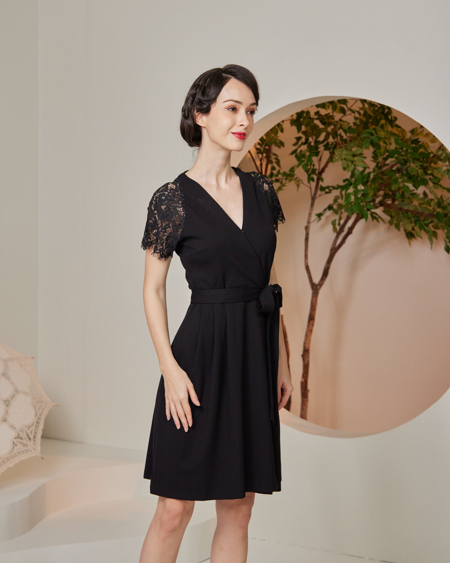Lace Insert Faux Wrap Dress (Black) Florette The Label Lace Insert Faux Wrap Dress (Black) Florette The Label