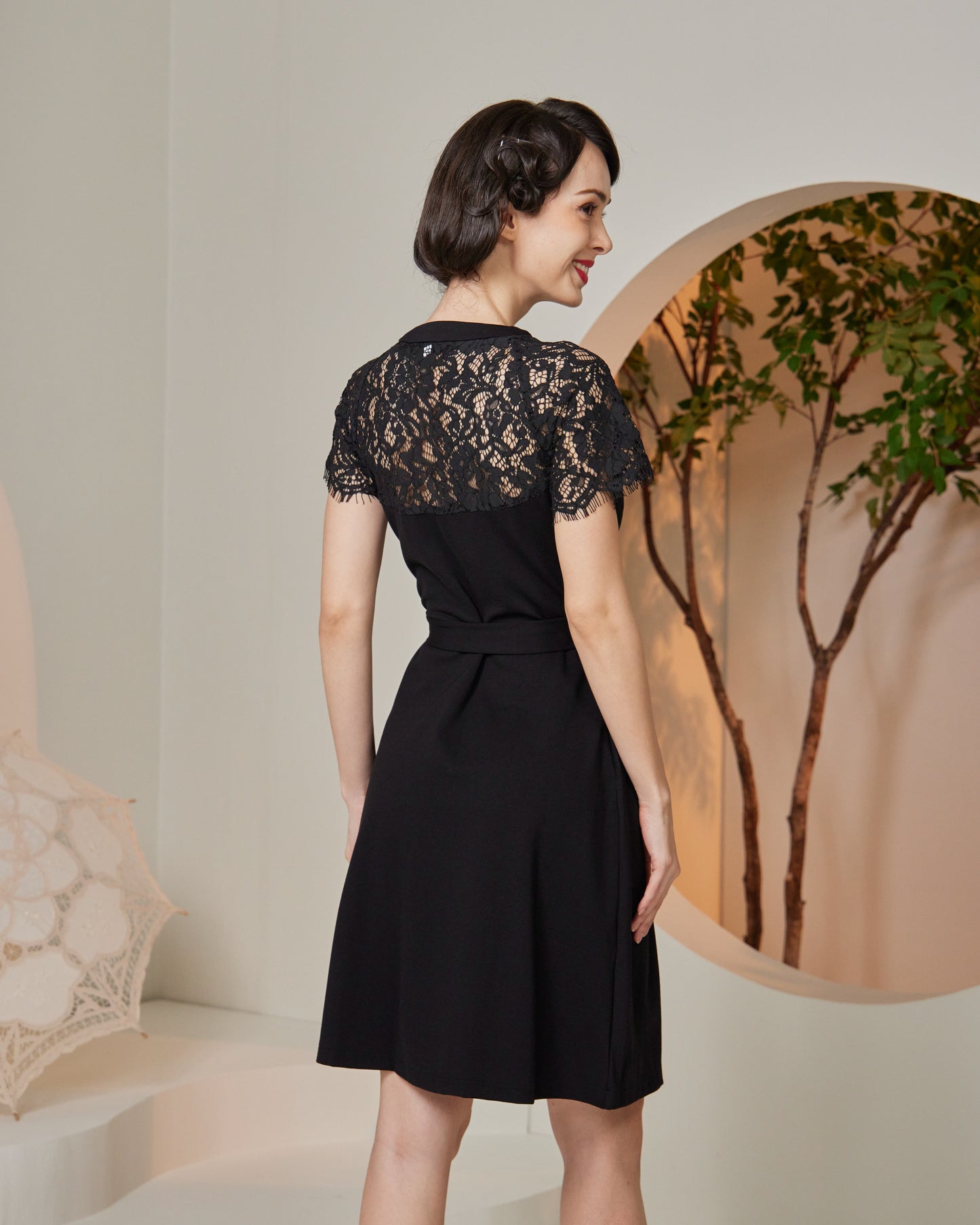 Lace Insert Faux Wrap Dress (Black) Florette The Label Lace Insert Faux Wrap Dress (Black) Florette The Label