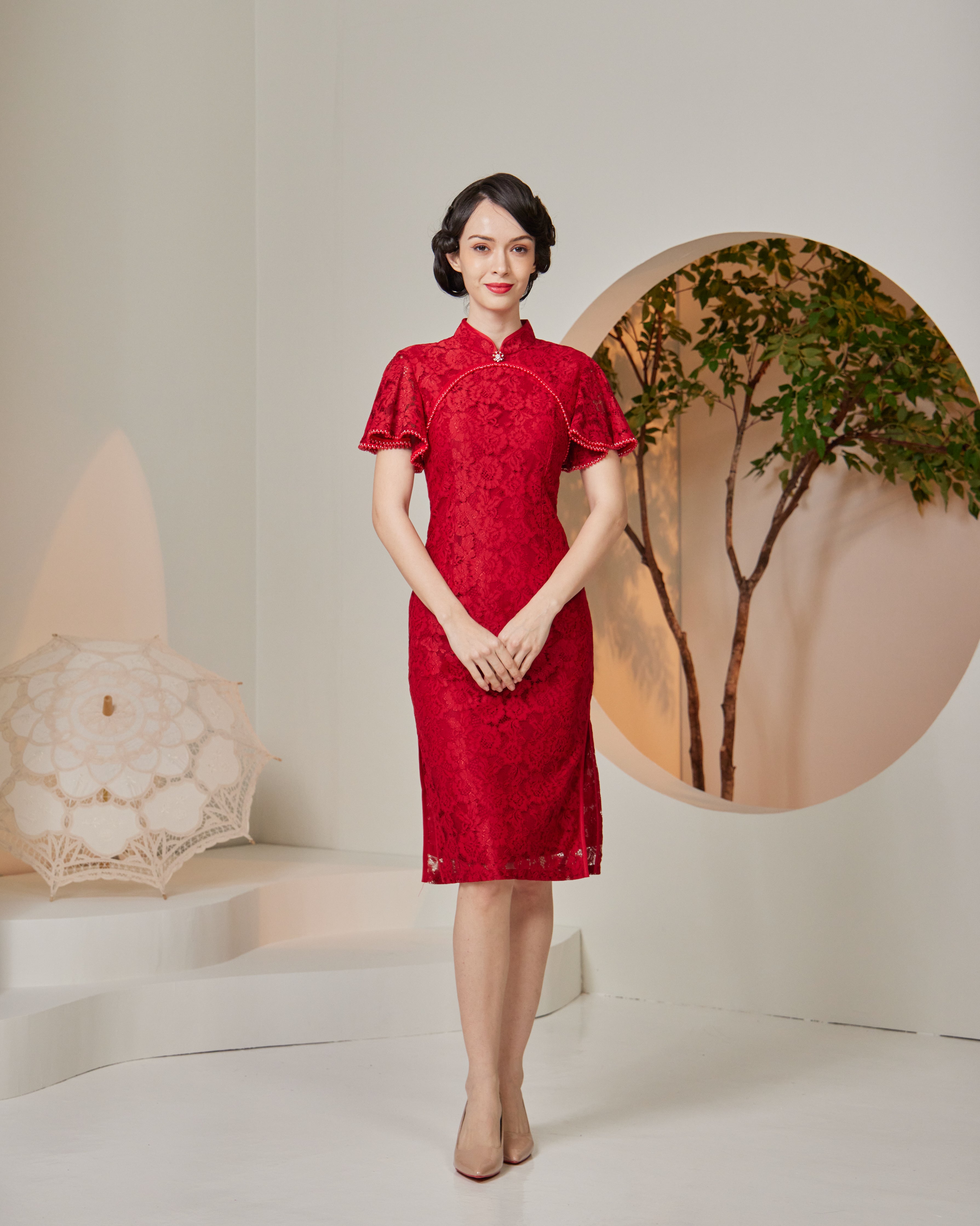 Lace Cheongsam Dress (Cherry) – Florette The Label Lace Cheongsam Dress (Cherry) – Florette The Label