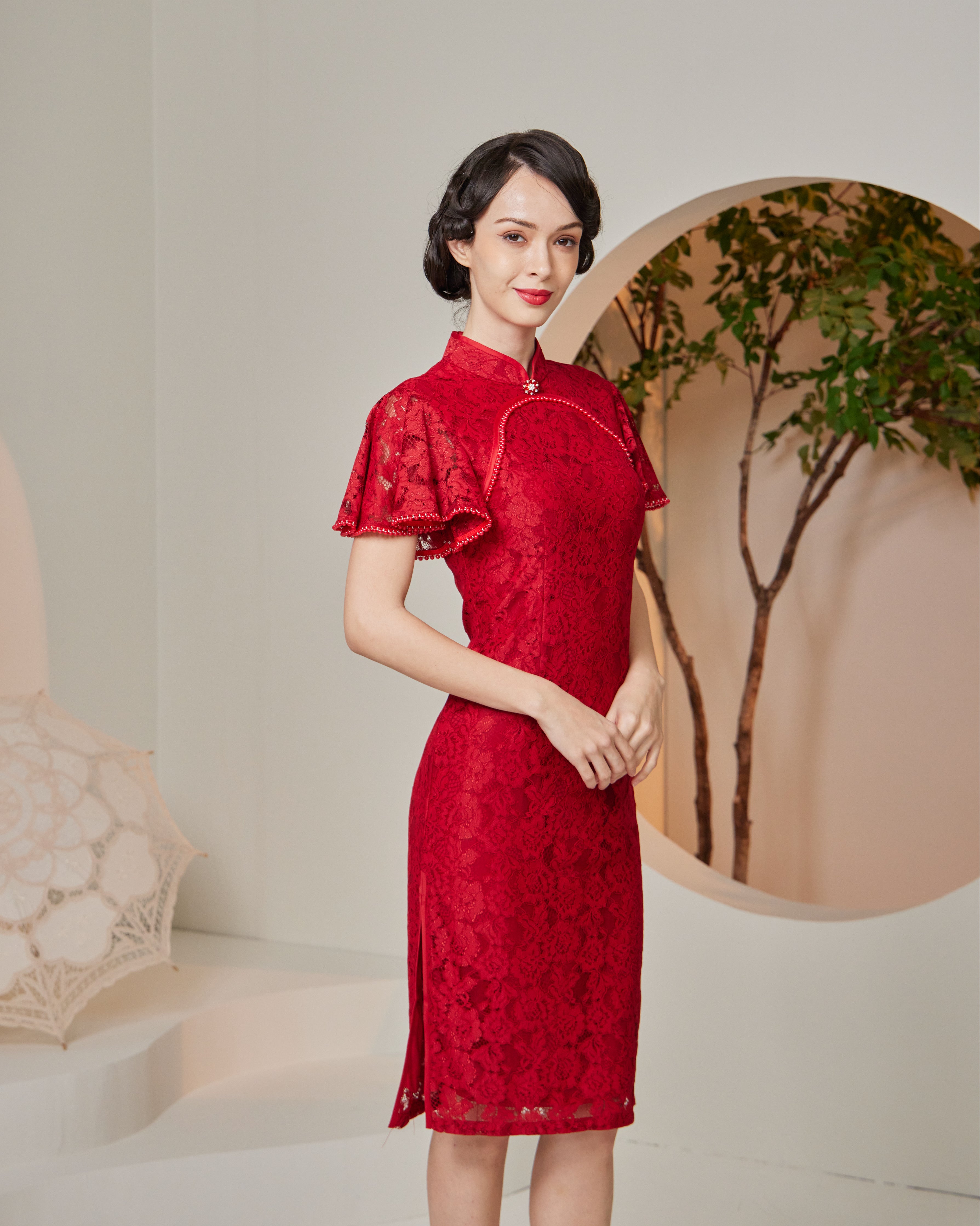 Lace Cheongsam Dress (Cherry)