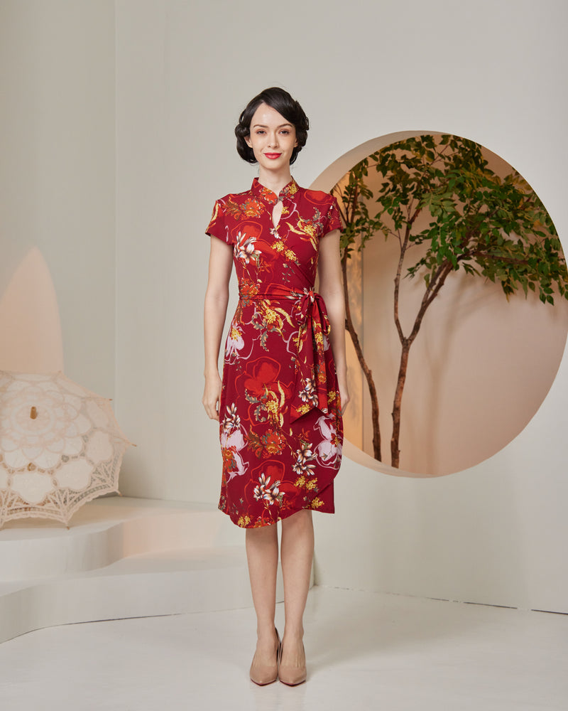 Zhu Mandarin Collar Midi Wrap Dress