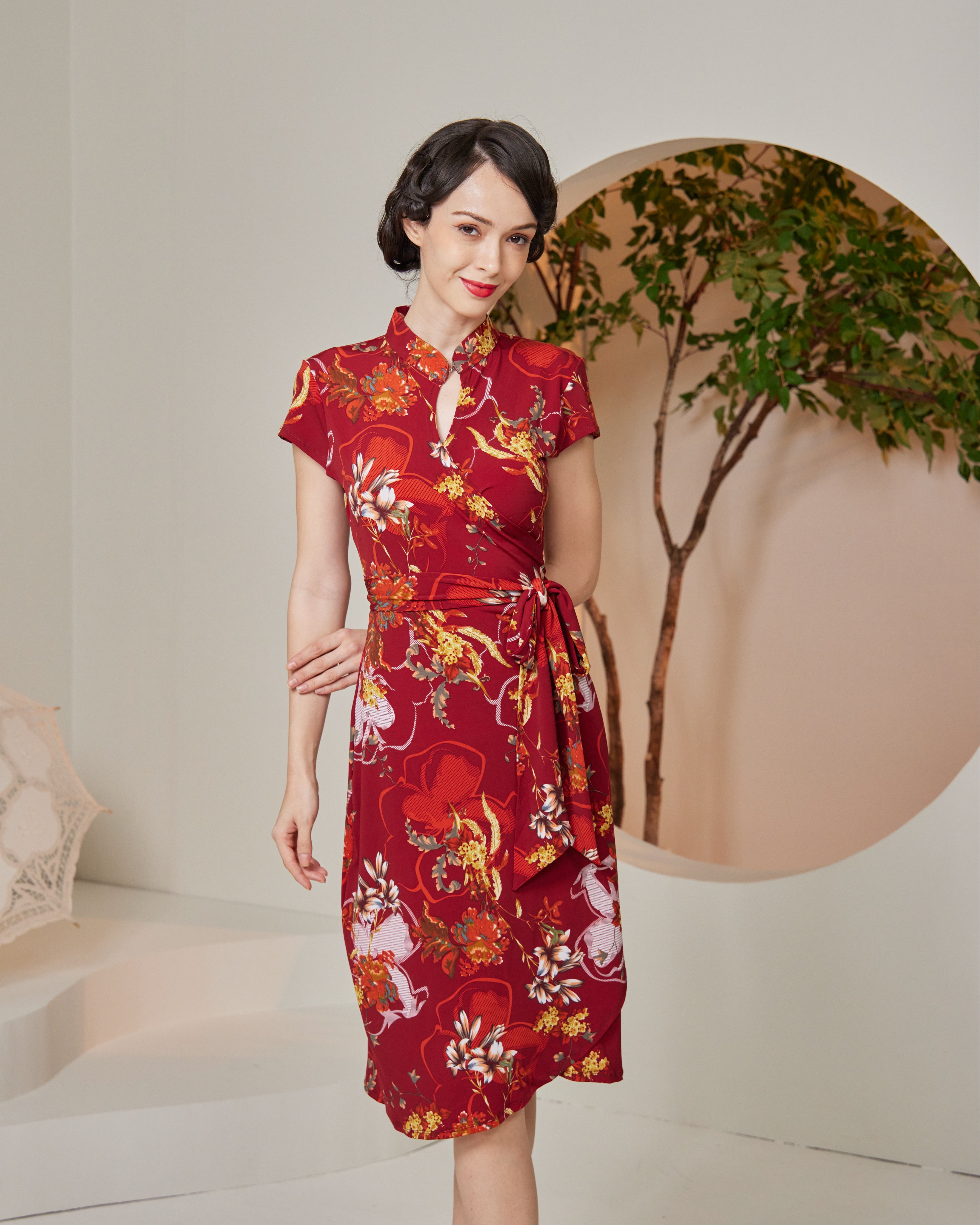 Zhu Mandarin Collar Midi Wrap Dress