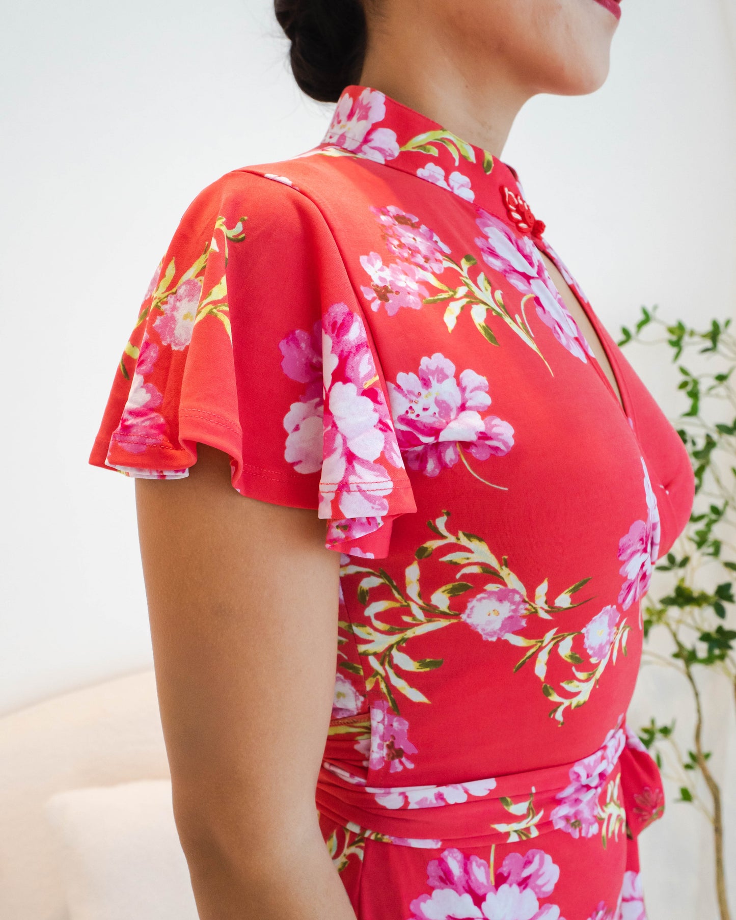 Esme Flutter Sleeves Mandarin Collar Wrap Dress