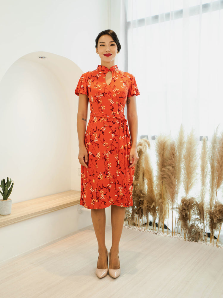 Ang Flutter Sleeves Mandarin Collar Wrap Dress