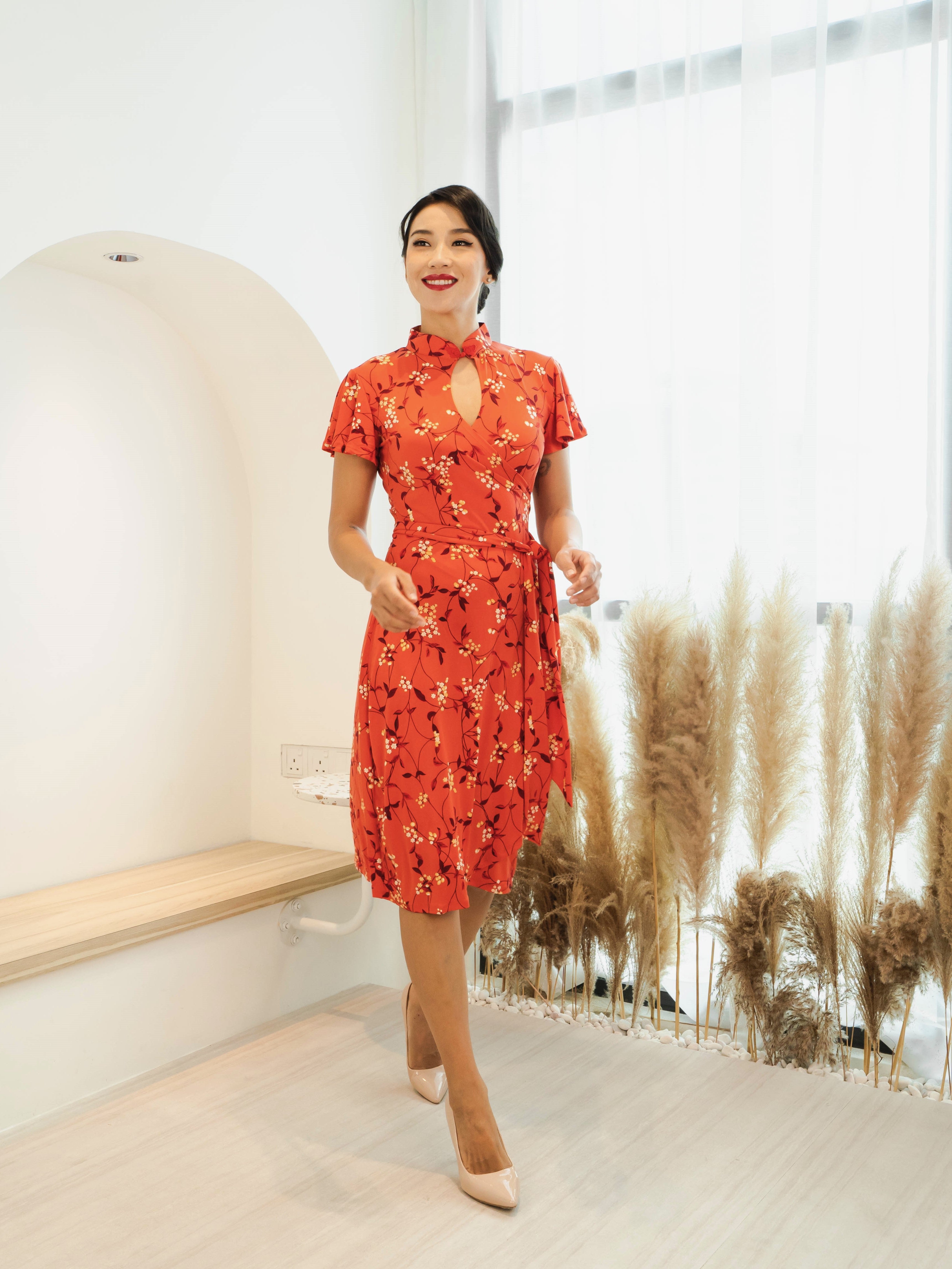 Ang Flutter Sleeves Mandarin Collar Wrap Dress