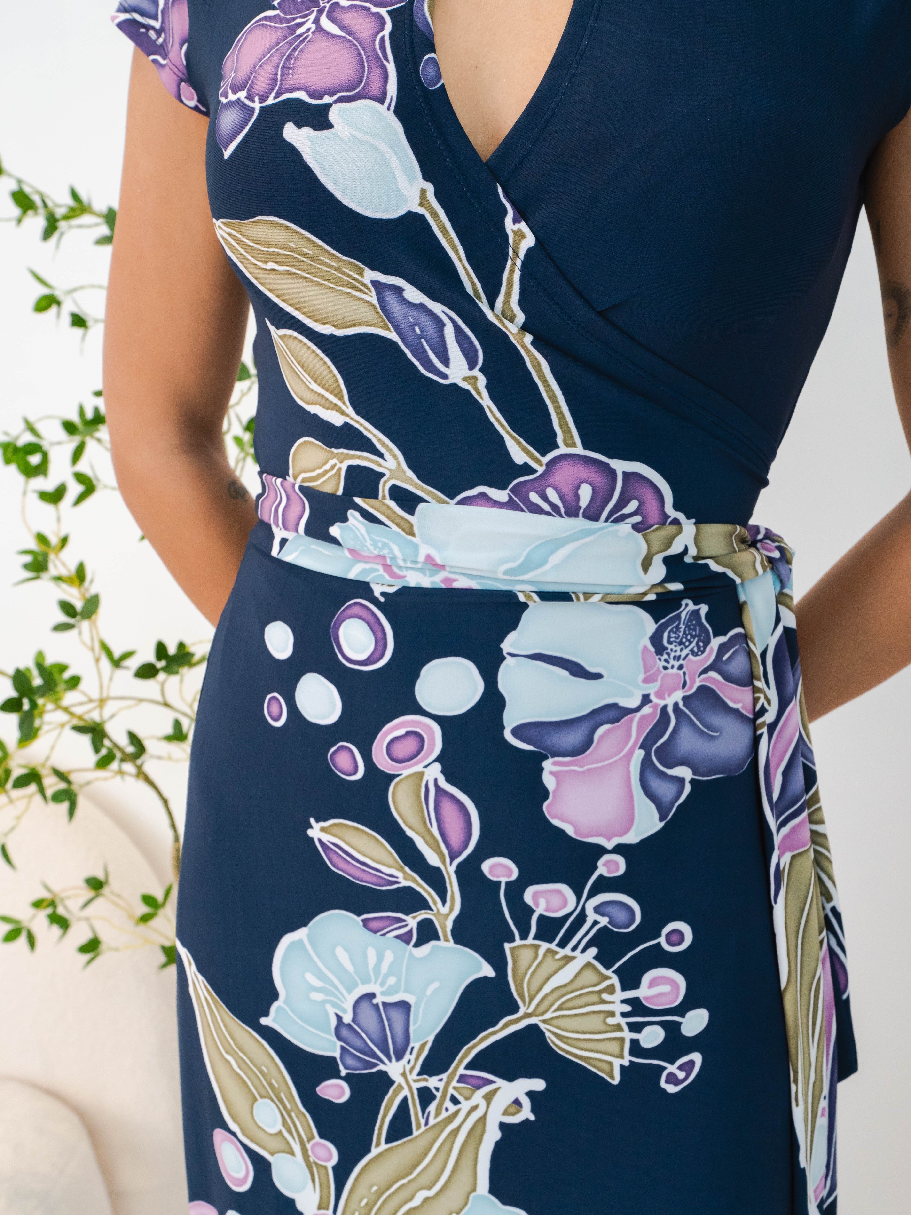 LIMITED EDITION: Rafflesia Batik Mandarin Collar Wrap Dress (Midnight Blue)