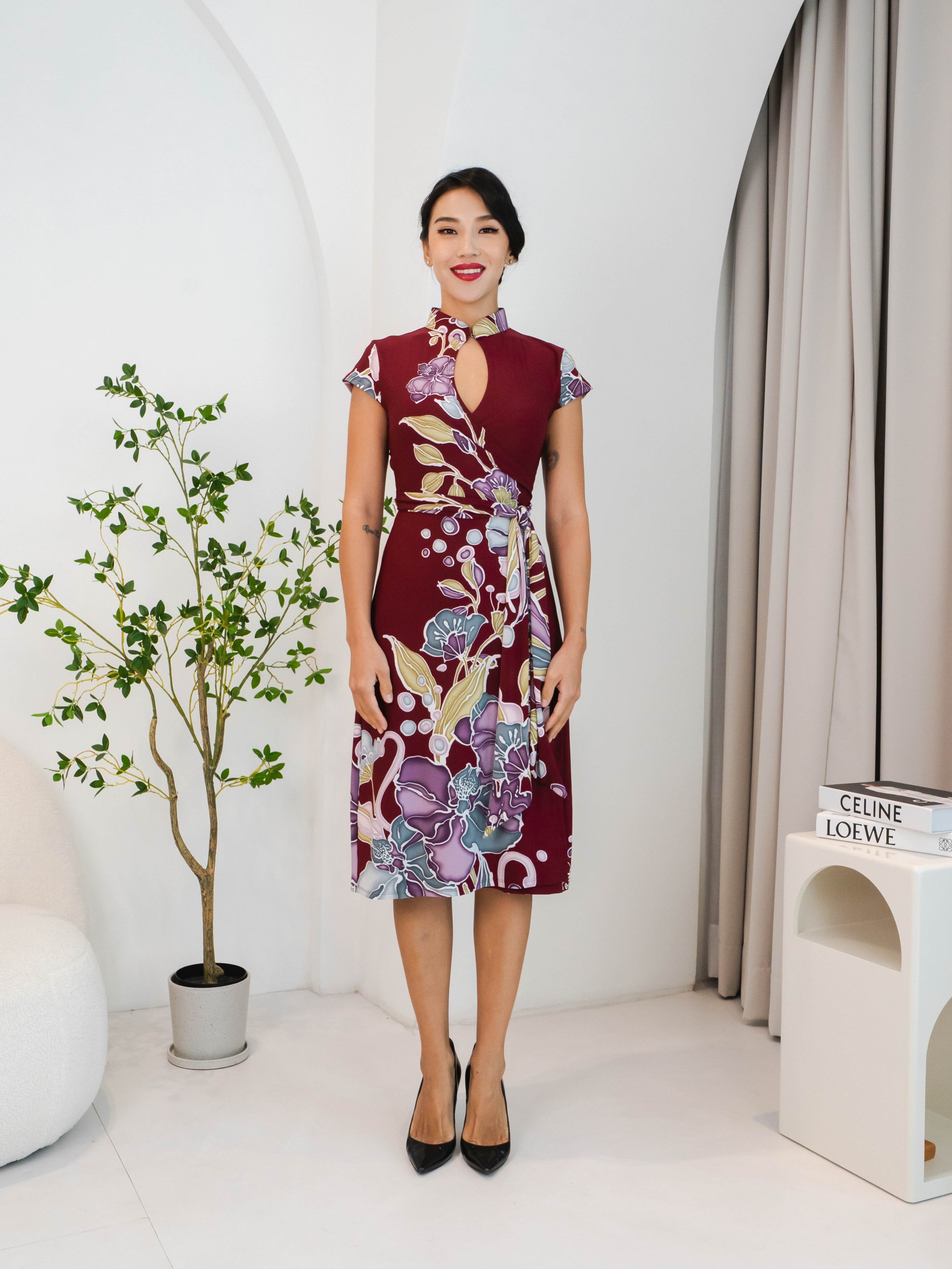 LIMITED EDITION: Rafflesia Batik Mandarin Collar Wrap Dress (Burgundy)