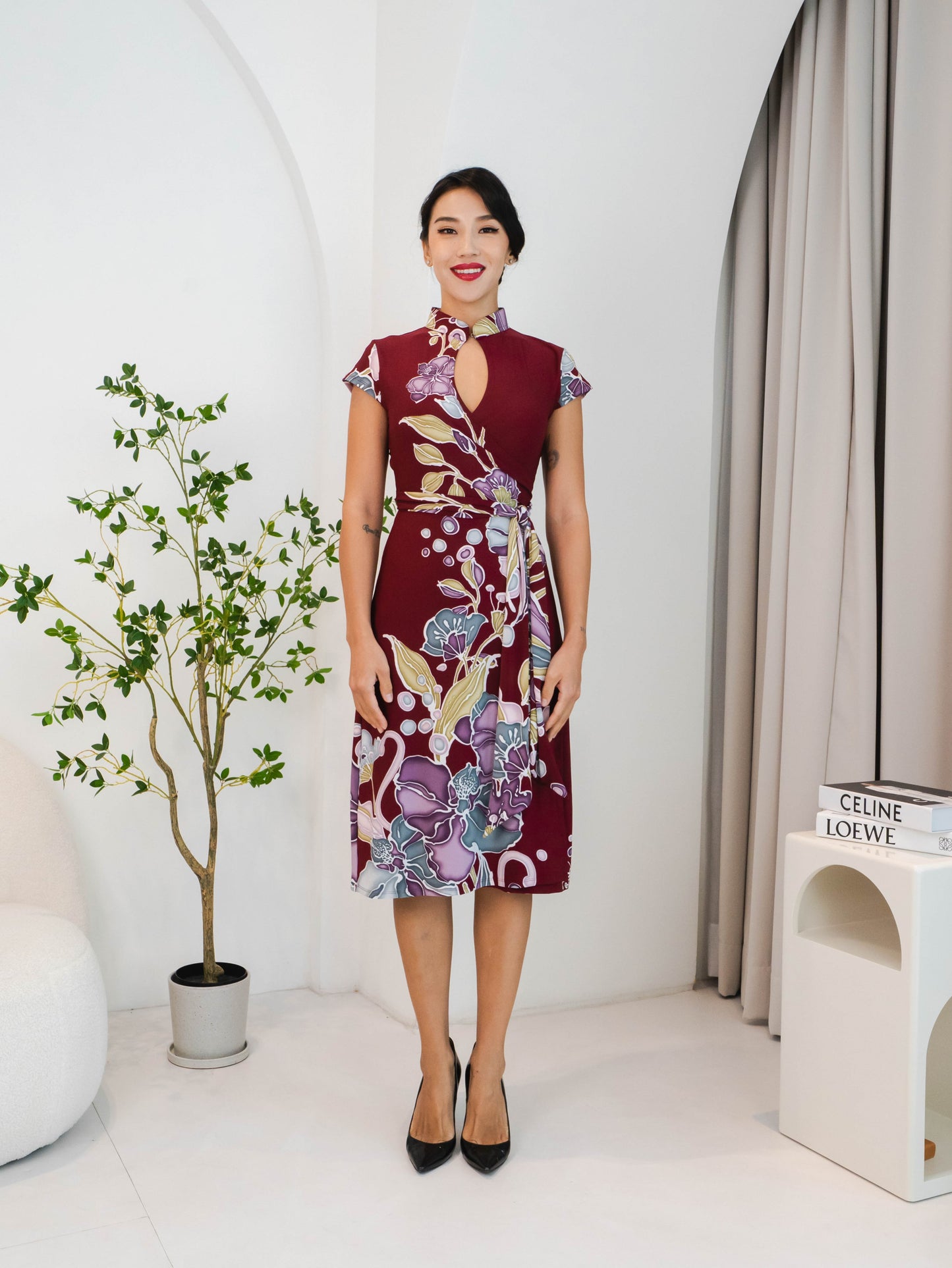 LIMITED EDITION: Rafflesia Batik Mandarin Collar Wrap Dress (Burgundy ...