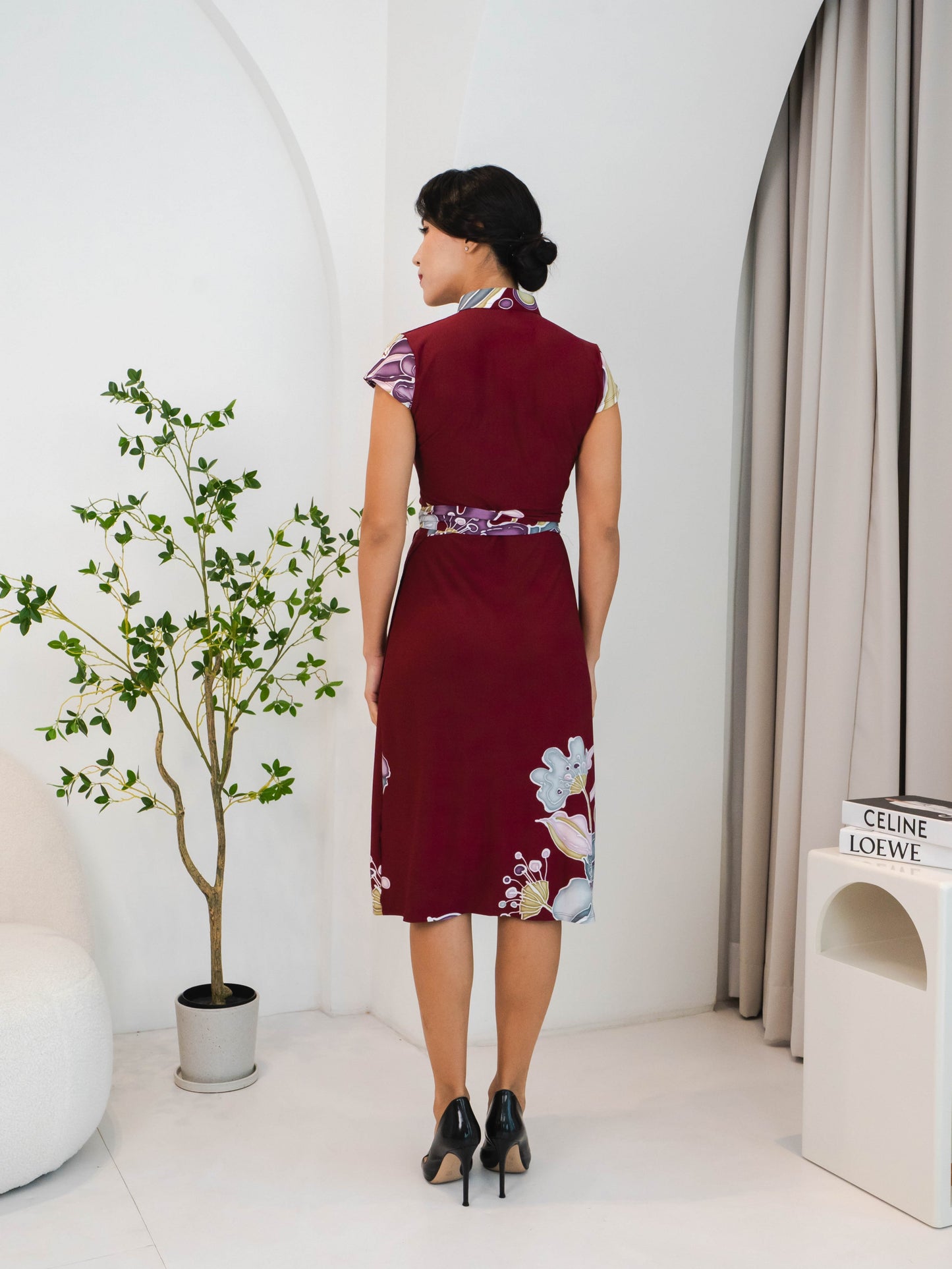 LIMITED EDITION: Rafflesia Batik Mandarin Collar Wrap Dress (Burgundy ...