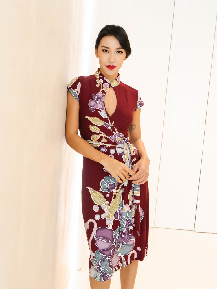 LIMITED EDITION: Rafflesia Batik Mandarin Collar Wrap Dress (Burgundy)