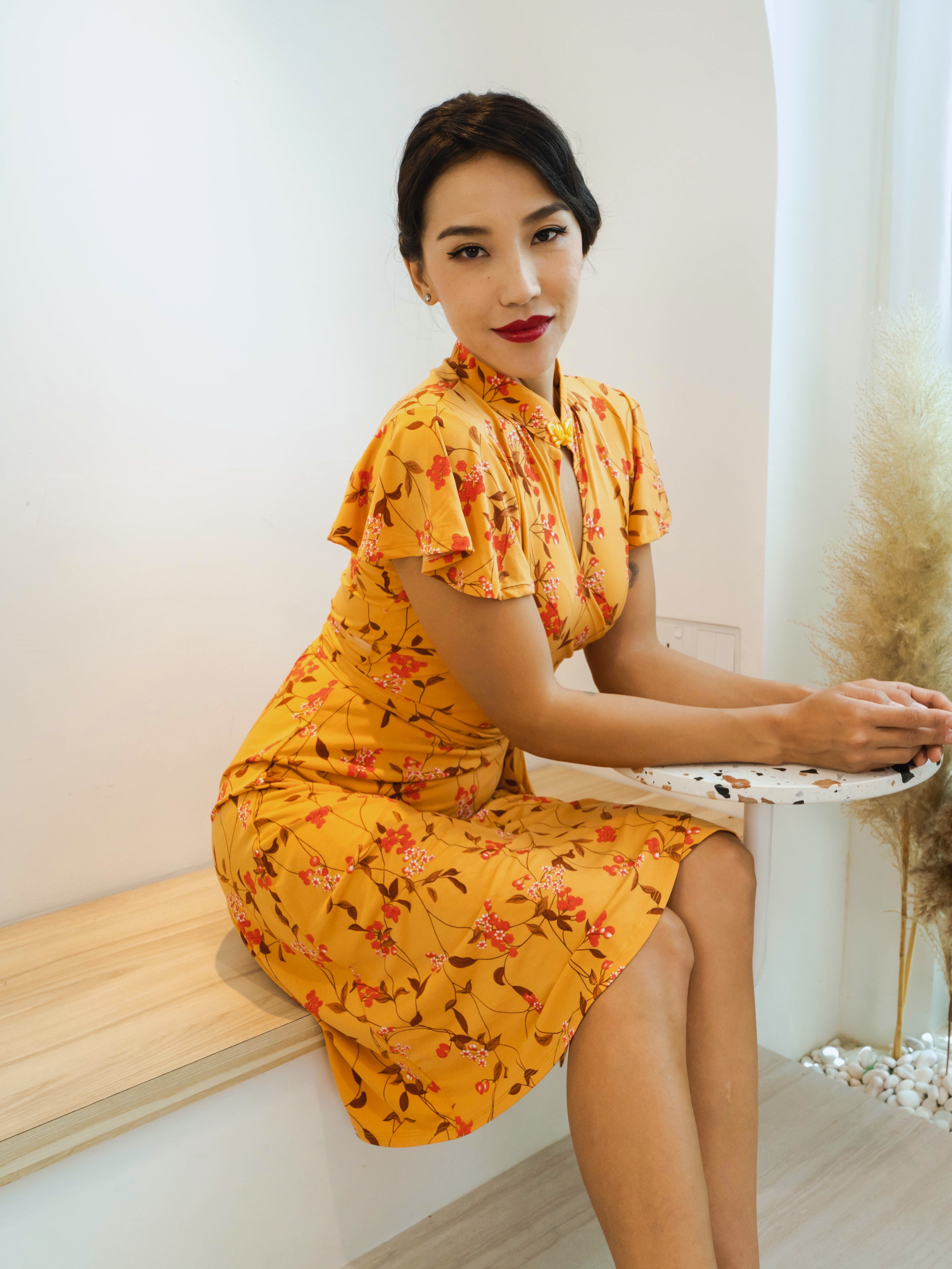 Fang Flutter Sleeves Mandarin Collar Wrap Dress