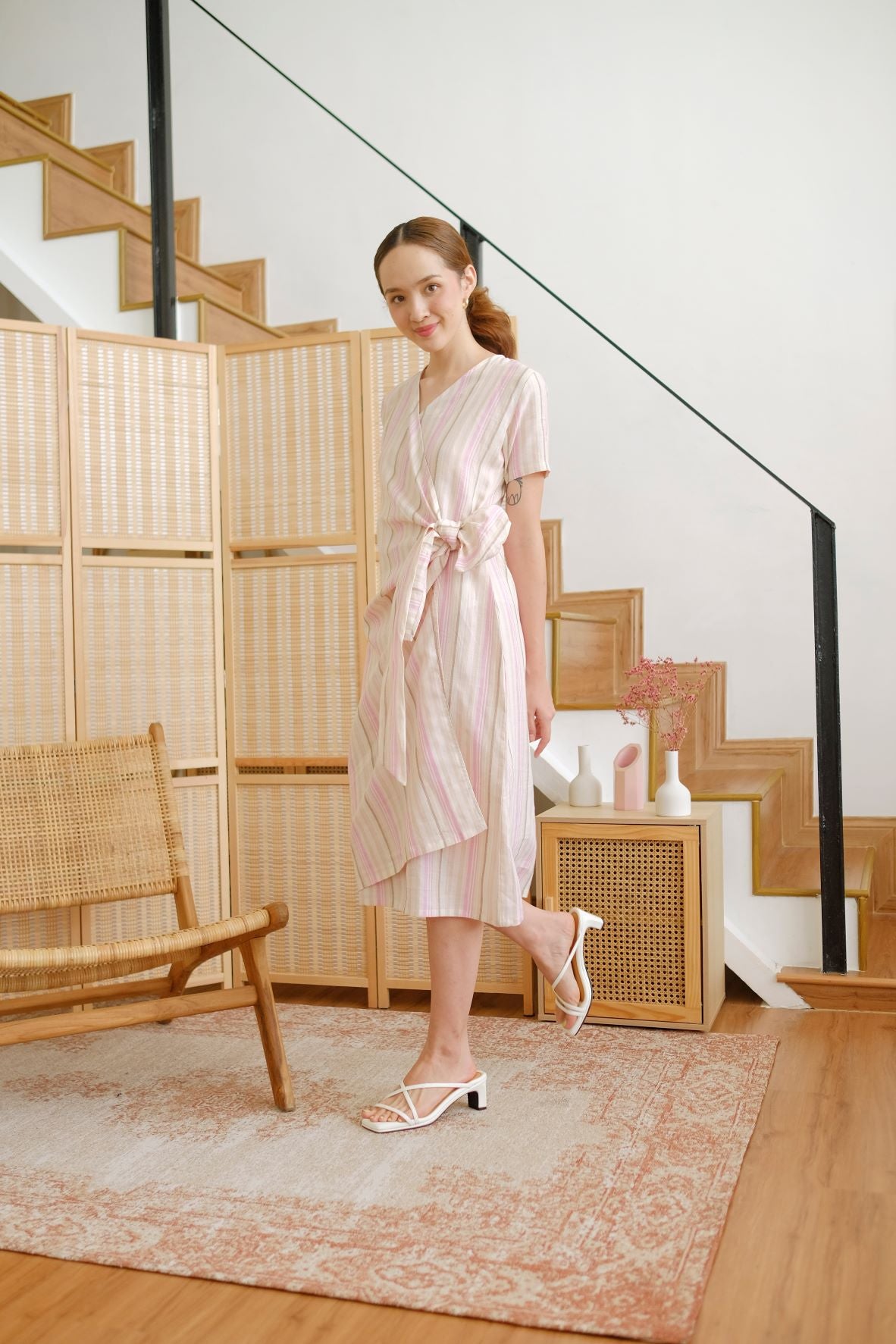 Linen Side-Tie Dress (Pink Stripes)