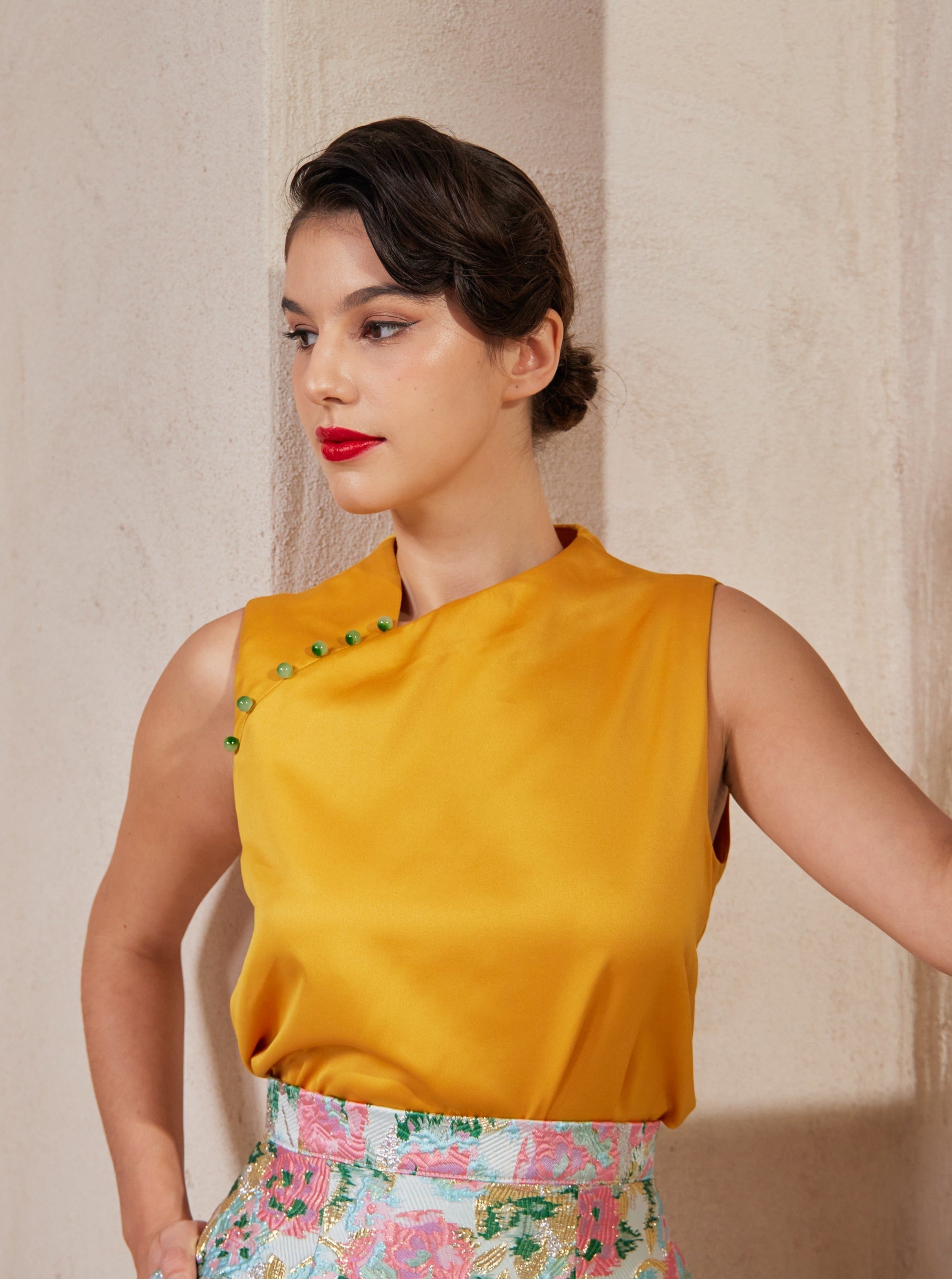 Fu Chinoserie Satin Top (Mustard)