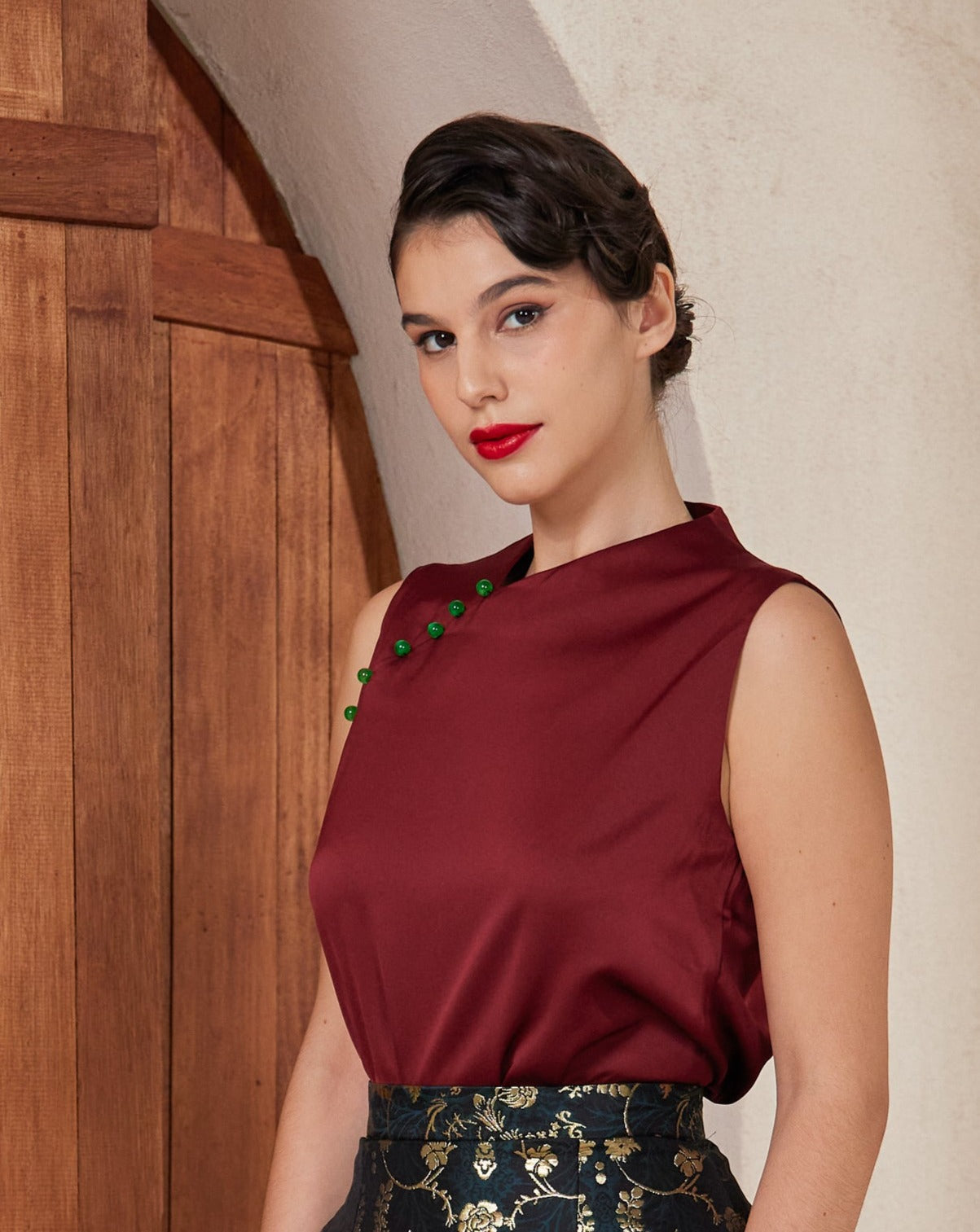 Fu Chinoserie Satin Top (Maroon)