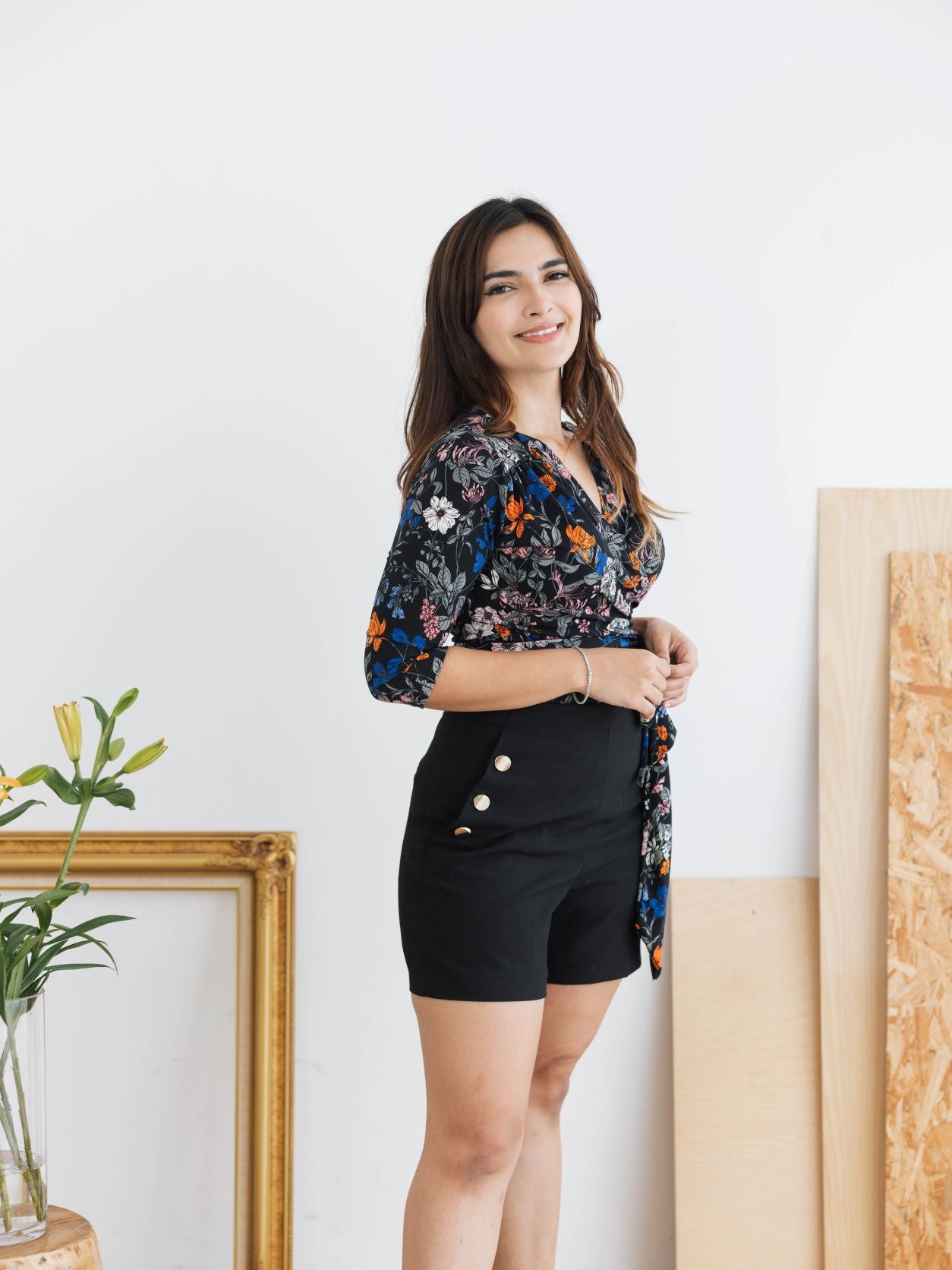 Ruched Wrap Top (Midnight Blooms)